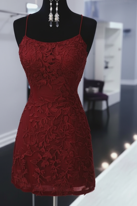 Burgundy Lace Formal Graduation Homecoming Dresses
