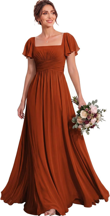 Bridelily Women's Flutter Sleeves Bridesmaid Dresses Square Neck Chiffon Maxi Dres - Burnt Orange