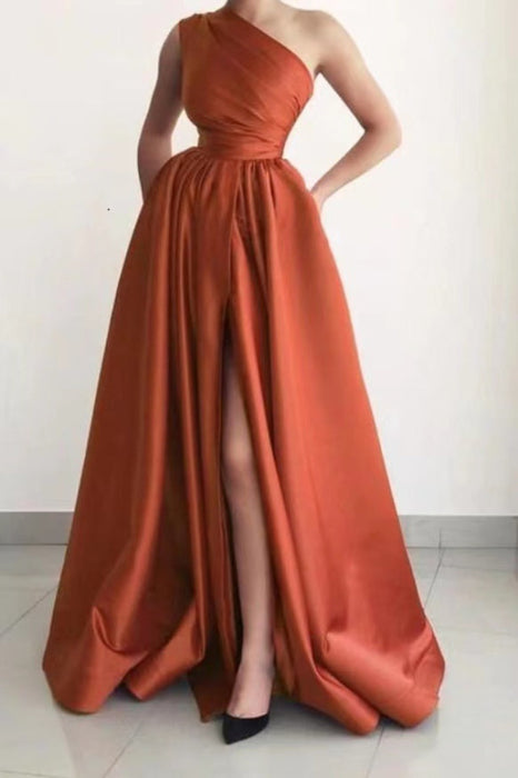 Burnt Orange One Shoulder Elegant Prom Dress A-Line Split with Pockets Bridelily Burnt Orange One Shoulder Elegant Prom Dress A-Line Split with Pockets Bridelily
