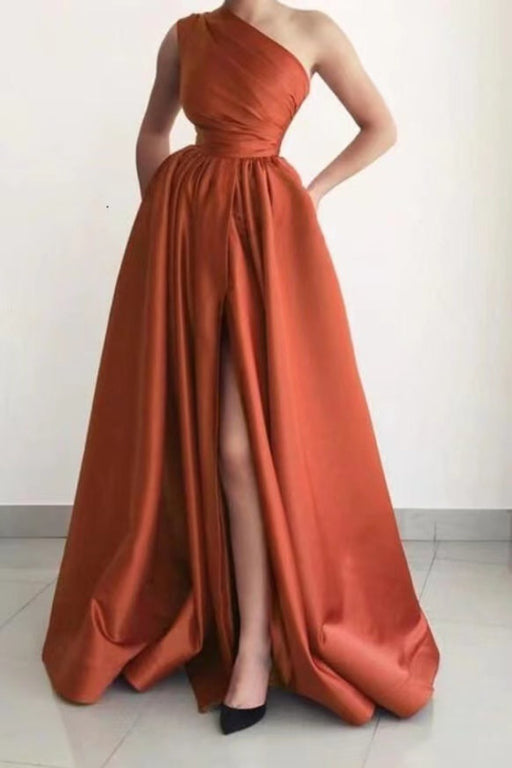 Burnt Orange One Shoulder Elegant Prom Dress A-Line Split with Pockets Bridelily Burnt Orange One Shoulder Elegant Prom Dress A-Line Split with Pockets Bridelily