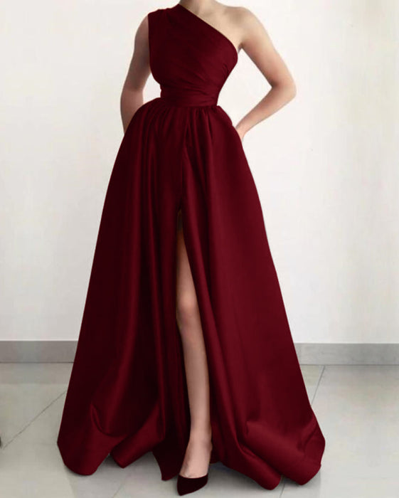 burnt orange one shoulder dress Burnt Orange One Shoulder Elegant Prom Dress A-Line Split with Pockets — Bridelily