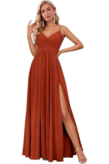 Spaghetti Strap V-Neck Chiffon Bridesmaid Dress with Slit
