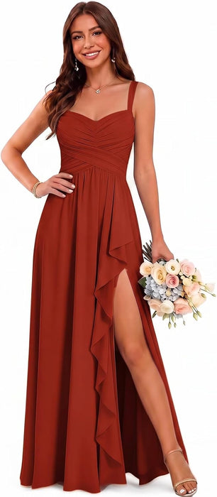 Women's Chiffon Bridesmaid Dresses Long Evening Formal Gown with Slit - Burnt Orange