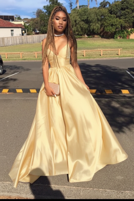 Butter Yellow Spaghetti Straps Deep V Neck Sleeveless A Line Prom Dress Satin with Ruffles