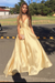 Butter Yellow Spaghetti Straps Deep V Neck Sleeveless A Line Prom Dress Satin with Ruffles