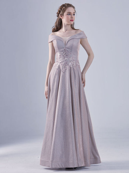 Cameo Brown Evening Dress A-Line Off-The-Shoulder Lace-up Applique Lace Floor-Length Social Party Dresses