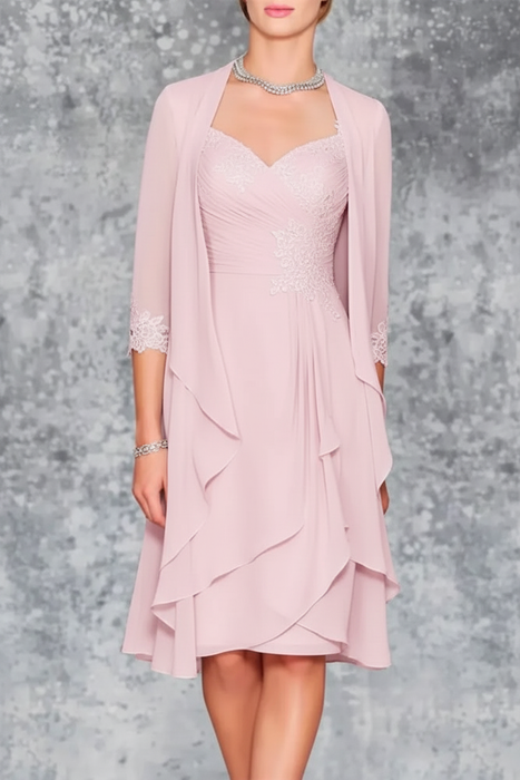 Candy Pink 3/4 Sleeves Knee Length Ruffle Chiffon Mother of the Bride Outfits with Lace - Prom Dresses