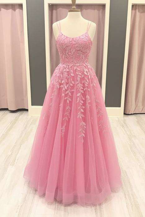 Candy Pink A Line Lace Long Prom Dresses