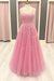 Candy Pink A Line Lace Long Prom Dresses