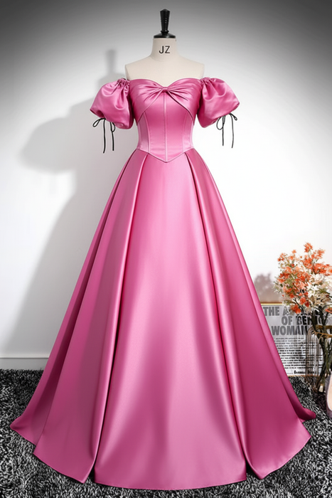 Candy Pink A-Line Pleated Off-The-Shoulder Prom Dress