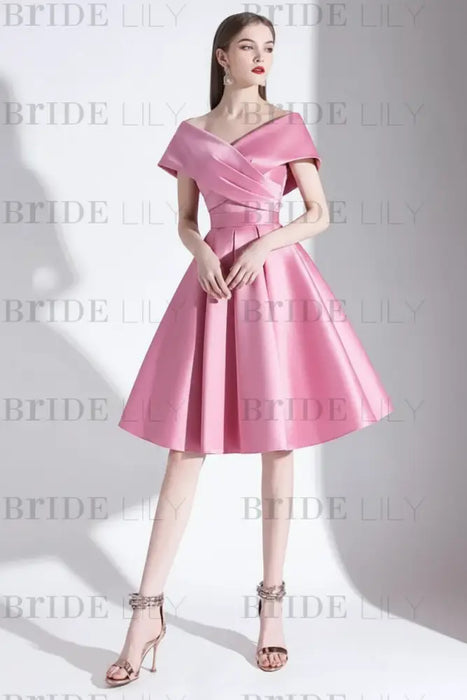 Candy Pink A-Line V-Neck Knee-Length Short Sleeves Pleated Satin Cocktail Dress 