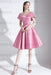 Candy Pink A-Line V-Neck Knee-Length Short Sleeves Pleated Satin Cocktail Dress 