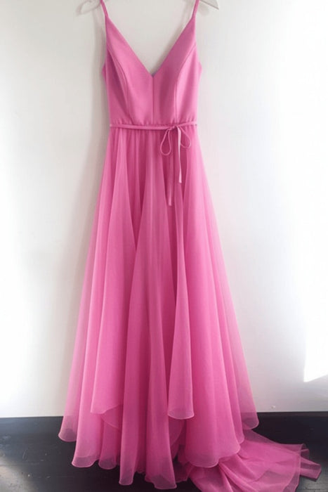 Candy Pink A Line V Neck Spaghetti Straps Tulle Prom Dresses