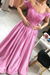 Candy Pink Off-the-Shoulder Lace Applique Satin Aline Evening Dresses