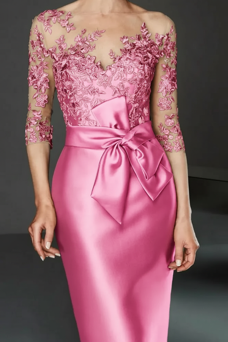 Candy Pink Bateau 3/4 Long Sleeves Satin Mother of the Bride Dresses with Lace - Prom Dresses