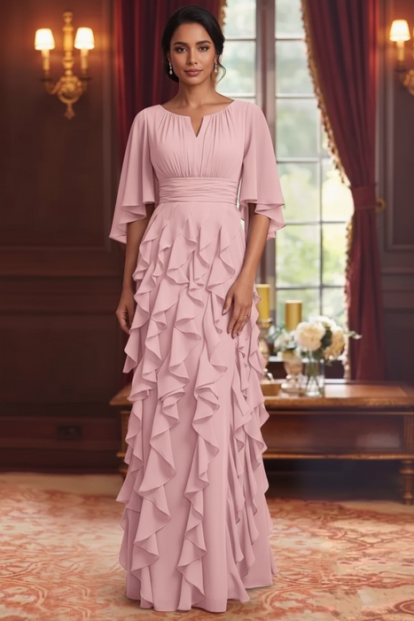 Candy Pink Chiffon Mother of the Bride Dress Flutter Sleeves with Cascading Ruffles