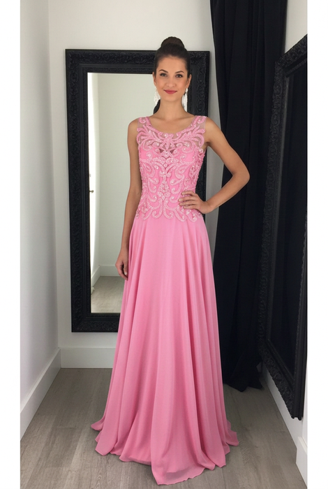 Candy Pink Chiffon A-Line Prom Dress Scoop Neck with Lace Appliques