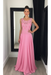 Candy Pink Chiffon A-Line Prom Dress Scoop Neck with Lace Appliques