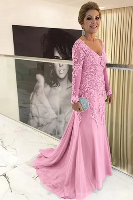 Candy Pink Elegant Long Sleeves Lace mother of the bride dress V-Neck - Prom Dresses