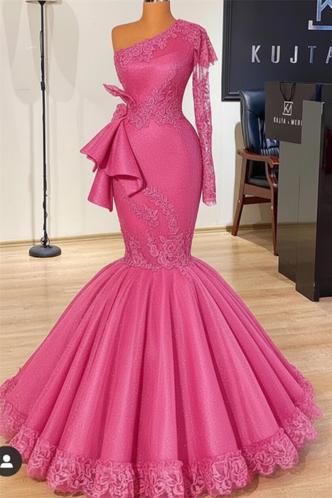 Candy Pink Glitter Mermaid Prom Dress Long Sleeves Floral Lace Party Dress - Prom Dresses