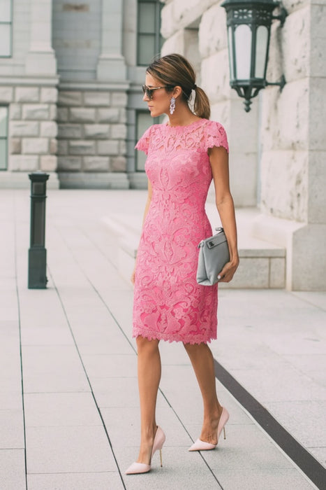 Candy Pink Lace Formal Dresses Knee Length Mother of the Bride Dress Cap Sleeves