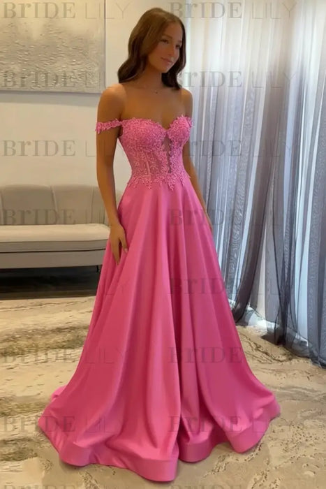 Candy Pink Off-the-Shoulder A-line Evening Dress Lace Prom Dress Long