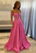 Candy Pink Off-the-Shoulder A-line Evening Dress Lace Prom Dress Long