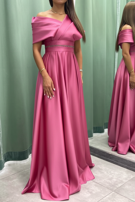 Candy Pink Elegant Off-the-Shoulder Long Evening Dress Pleated