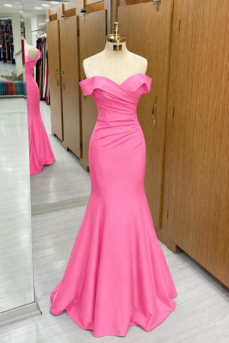 Candy Pink Off-the-shoulder Sweetheart Sleeveless Long Mermaid Prom Dress - Prom Dresses