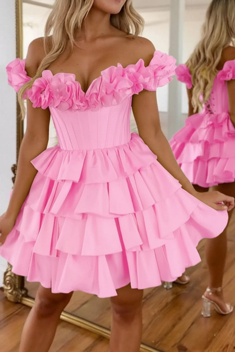 Candy Pink Off-the-Shoulder Satin Corset Graduation Dress Short Cocktail Dress