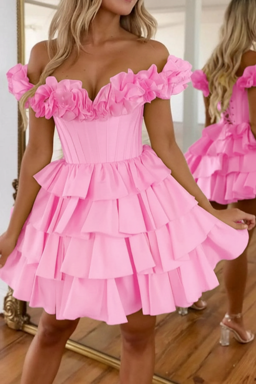 Candy Pink Off-the-Shoulder Satin Corset Graduation Dress Short Cocktail Dress