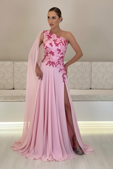Candy Pink One-Shoulder Sleeveless Chiffon Evening Dresses Long with Side Slit - Prom Dresses
