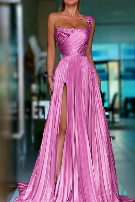 Candy Pink Pleated A-Line One Shoulder Prom Dress Gown with Front Split - Prom Dresses