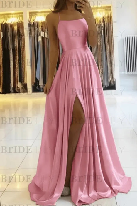 Candy Pink Simple Prom Dress Long With Spaghetti Straps Front Slit Satin Evening Dress