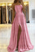 Candy Pink Simple Prom Dress Long With Spaghetti Straps Front Slit Satin Evening Dress
