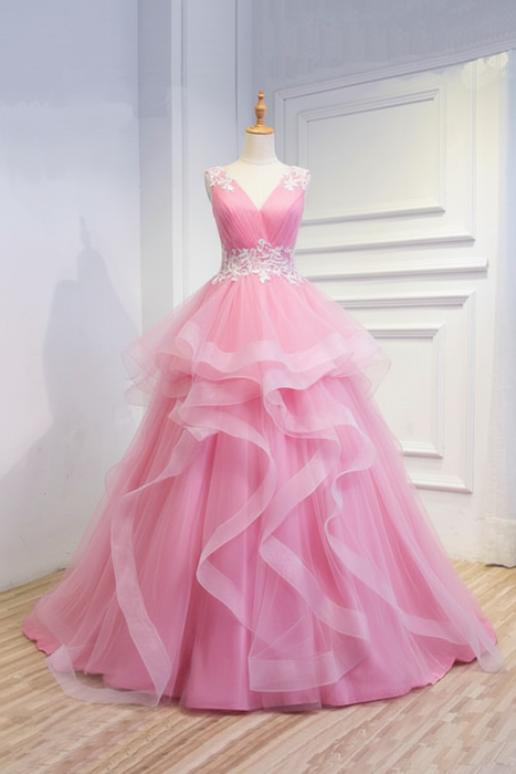 Candy Pink Puffy V Neck Sleeveless Tulle Prom with Appliques Long Quinceanera Dress - Prom Dresses