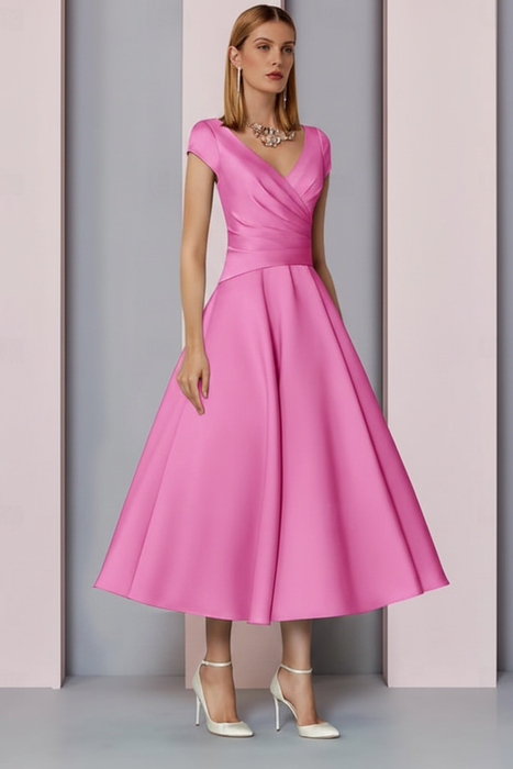 Candy Pink Satin A-Line Mother of the Bride Dress V Neck Tea Length Wedding Guest Dress - Prom Dresses