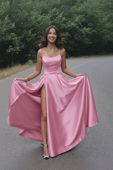 Candy Pink Aline Satin Long Prom Dresses with High Slit