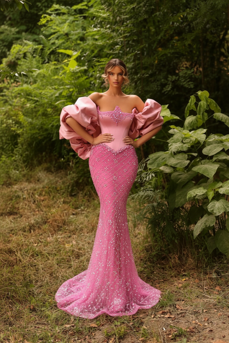 Candy Pink Satin Mermaid Evening Gown Beadings Floor Length Party Dress with puffy Sleeves