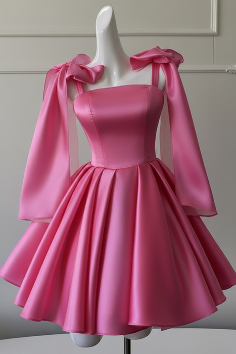 Candy Pink Sexy Satin Aline Homecoming Dress Short Prom Dress with Straps