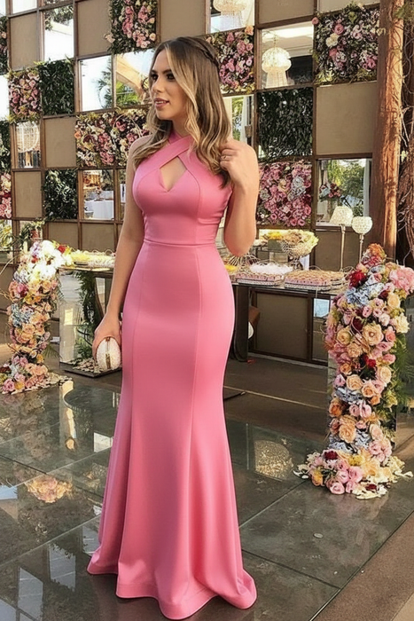 Candy Pink Sheath Sleeveless Halter Floor-Length With Ruffles Satin Dresses - Prom Dresses