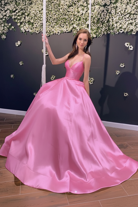 Candy Pink Simple A Line V Neck Backless Yellow Long Prom Dresses