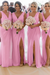 Candy Pink Simple V Neck Sleeveless Sheath Pleated Chiffon Bridesmaid Dress with Split