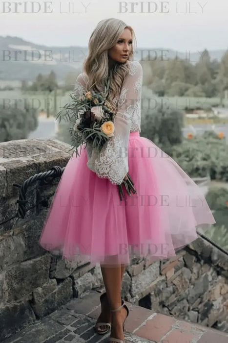 Candy Pink Simple Wedding Dress A Line Designed Neckline Lace Tulle Bridal Gowns