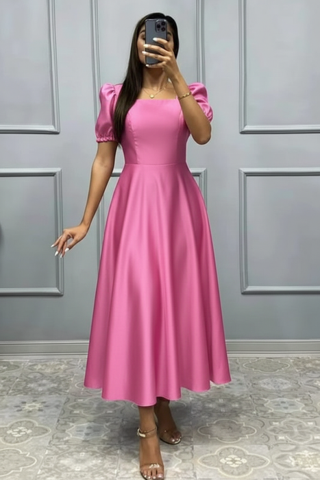 Candy Pink Square Neck A-Line Prom Dress with Short Sleeves