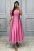 Candy Pink Square Neck A-Line Prom Dress with Short Sleeves