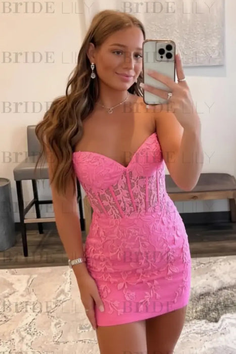 Candy Pink Strapless Beaded Short Lace Prom Dresses Sweetheart Tight Homecoming Dresses