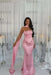 Candy Pink Stunning Satin Mermaid Prom Dress Yellow Beadings with Wrap