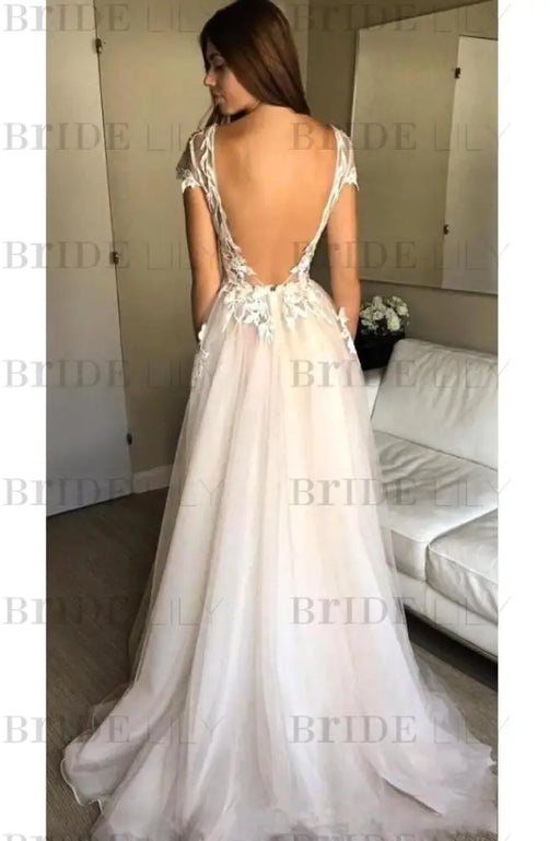 Cap Sleeve Deep V-neck With Appliques Sexy Split Tulle Wedding Dress - Wedding Dresses