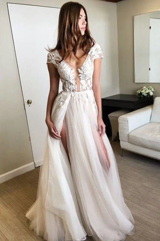 Cap Sleeve Deep V-neck With Appliques Sexy Split Tulle Wedding Dress - Wedding Dresses